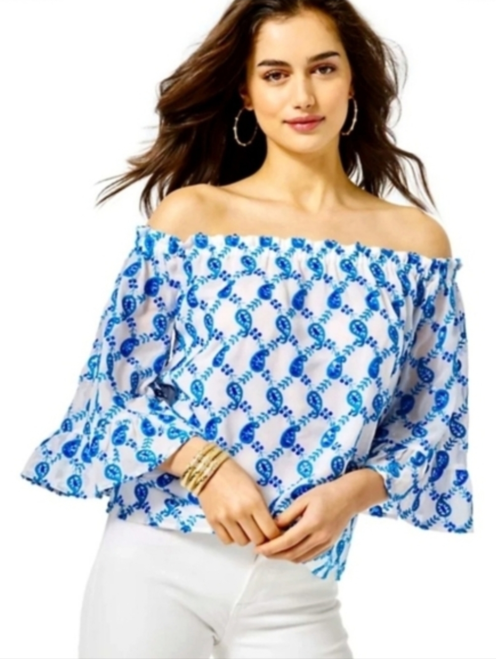Off-Shoulder Blue Paisley Print Stitch Dopamine Resortwear Beach